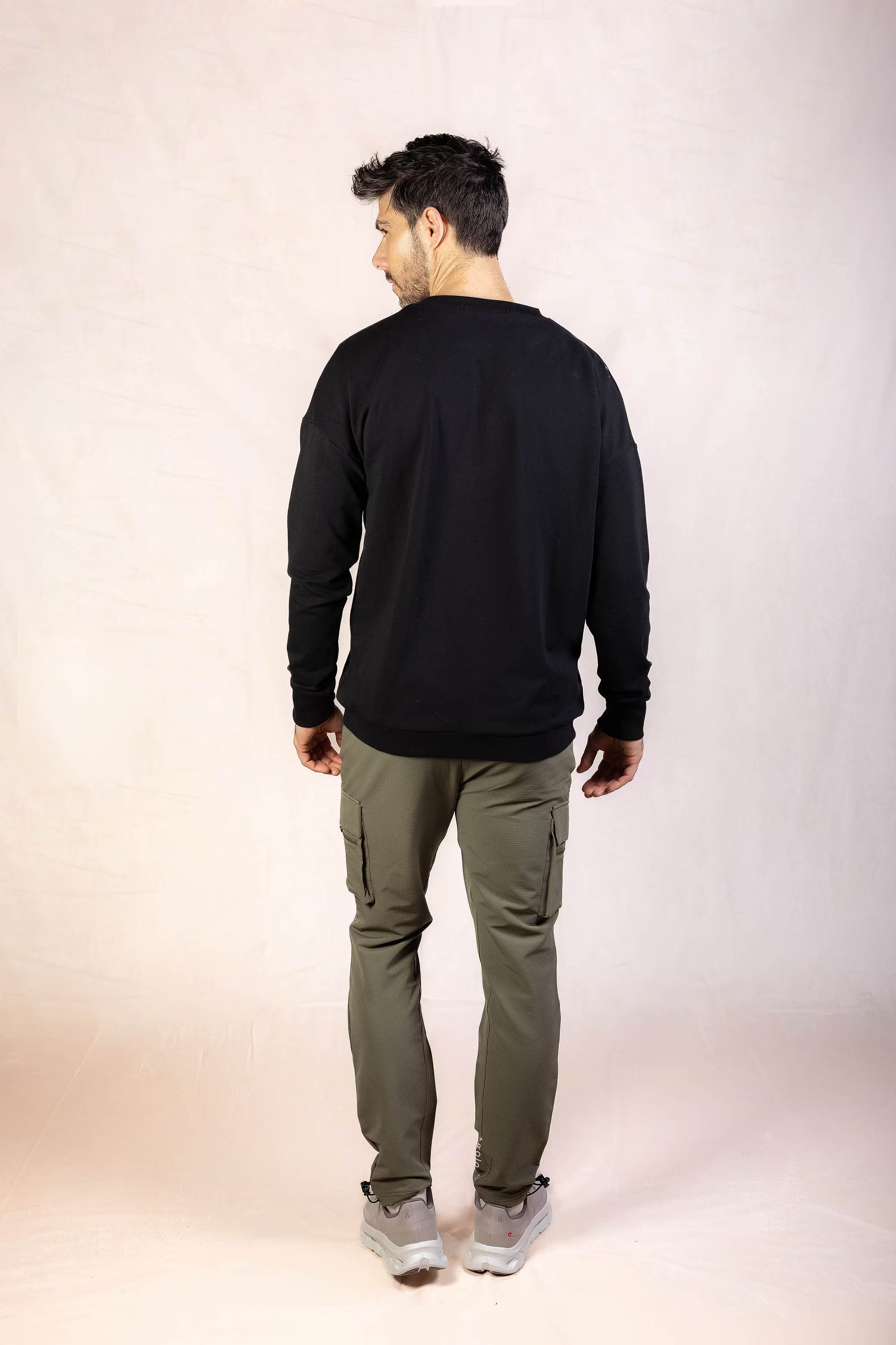 PRO | ORA men’s the aura drop sweater in Black Beauty, studio product image, rear view