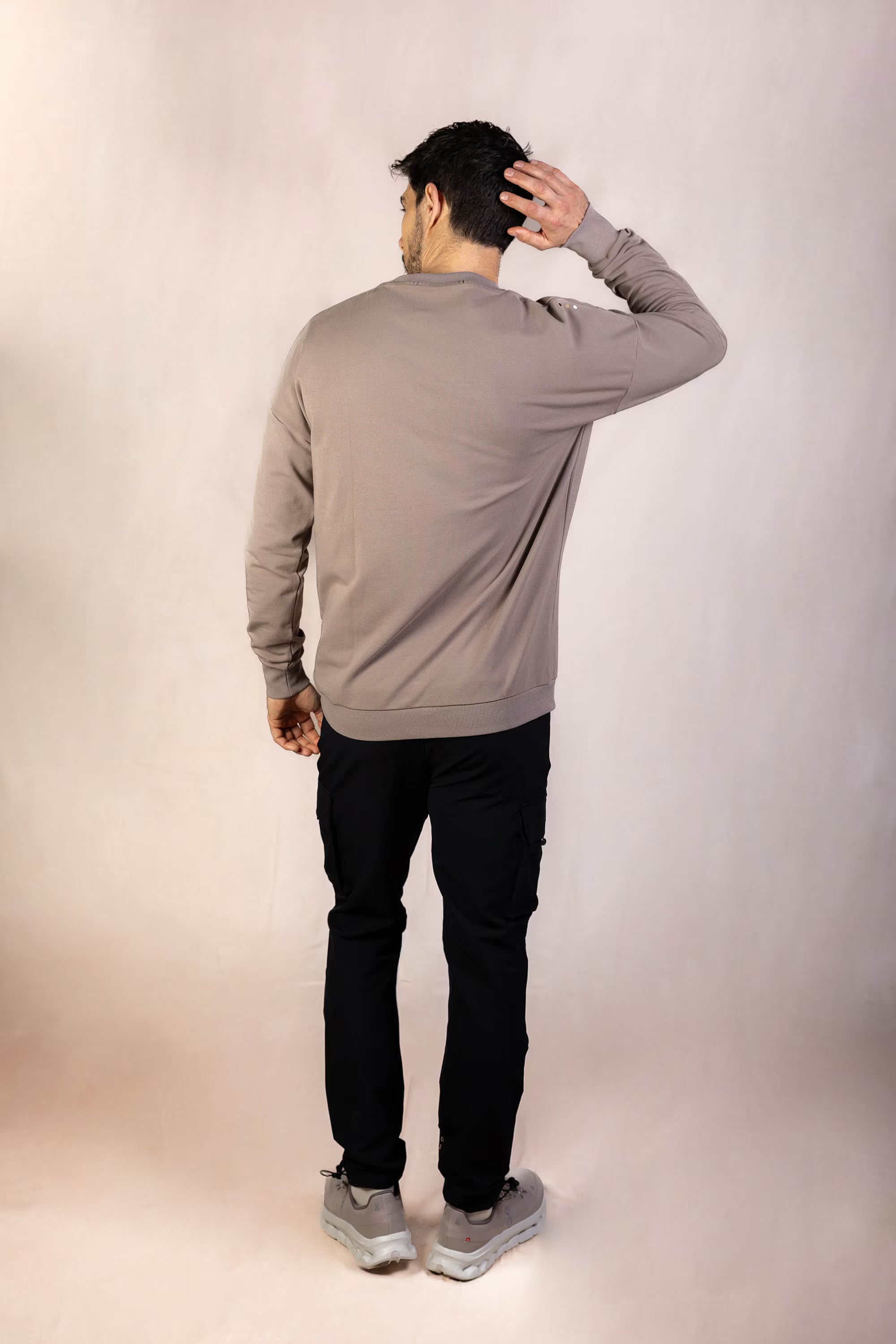 PRO | ORA men’s the aura drop sweater in Muted Clay, studio product image, rear view