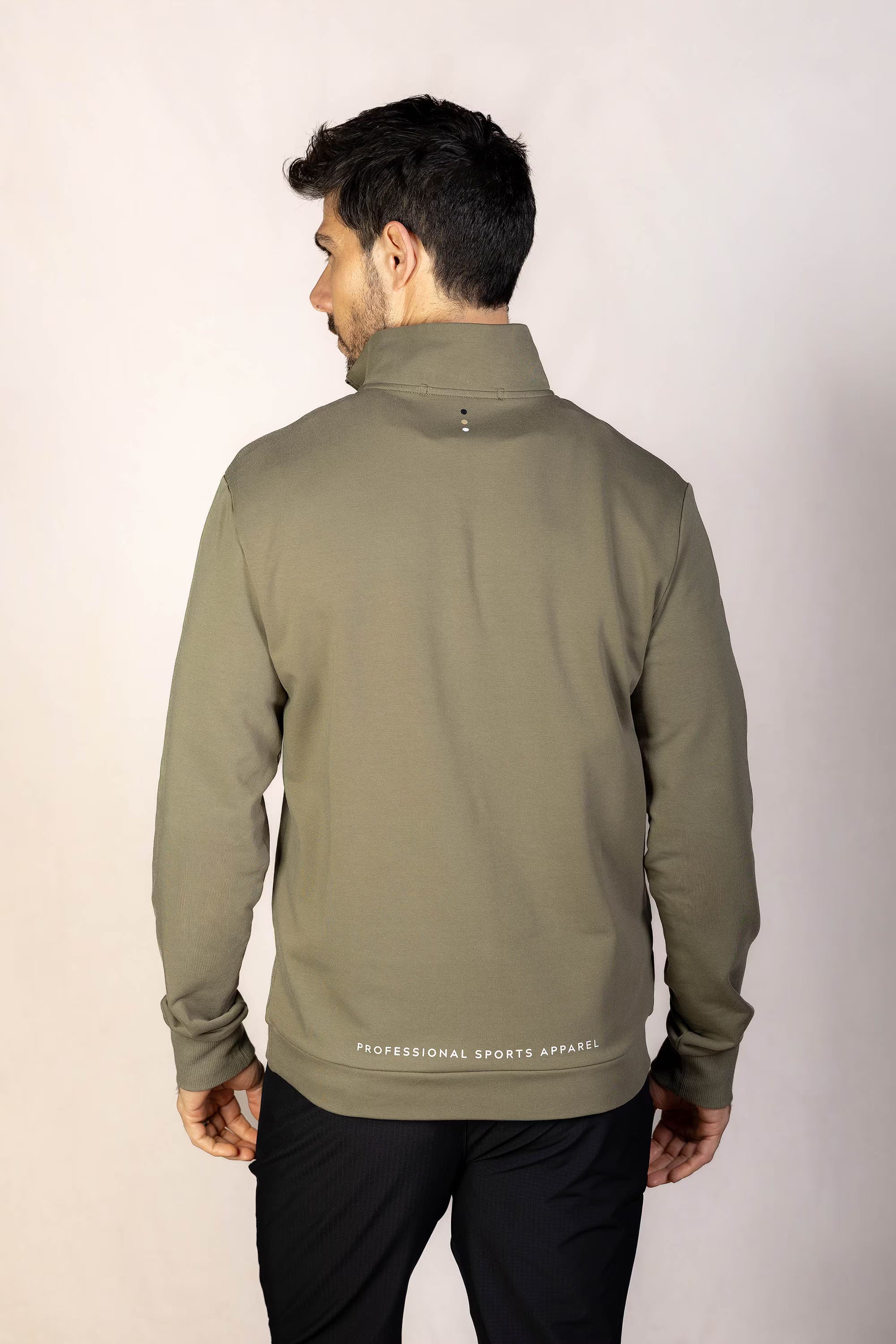 PRO | ORA men’s the aura 1/4 zip sweatshirt in Olive Smoke, studio product image, rear view