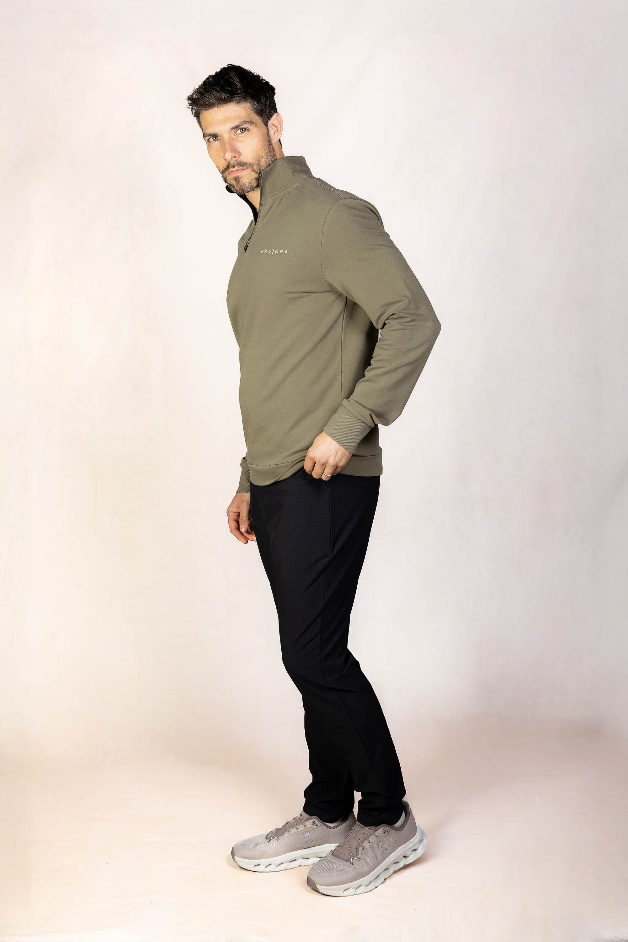 PRO | ORA men’s the aura 1/4 zip sweatshirt in Olive Smoke, product detail image