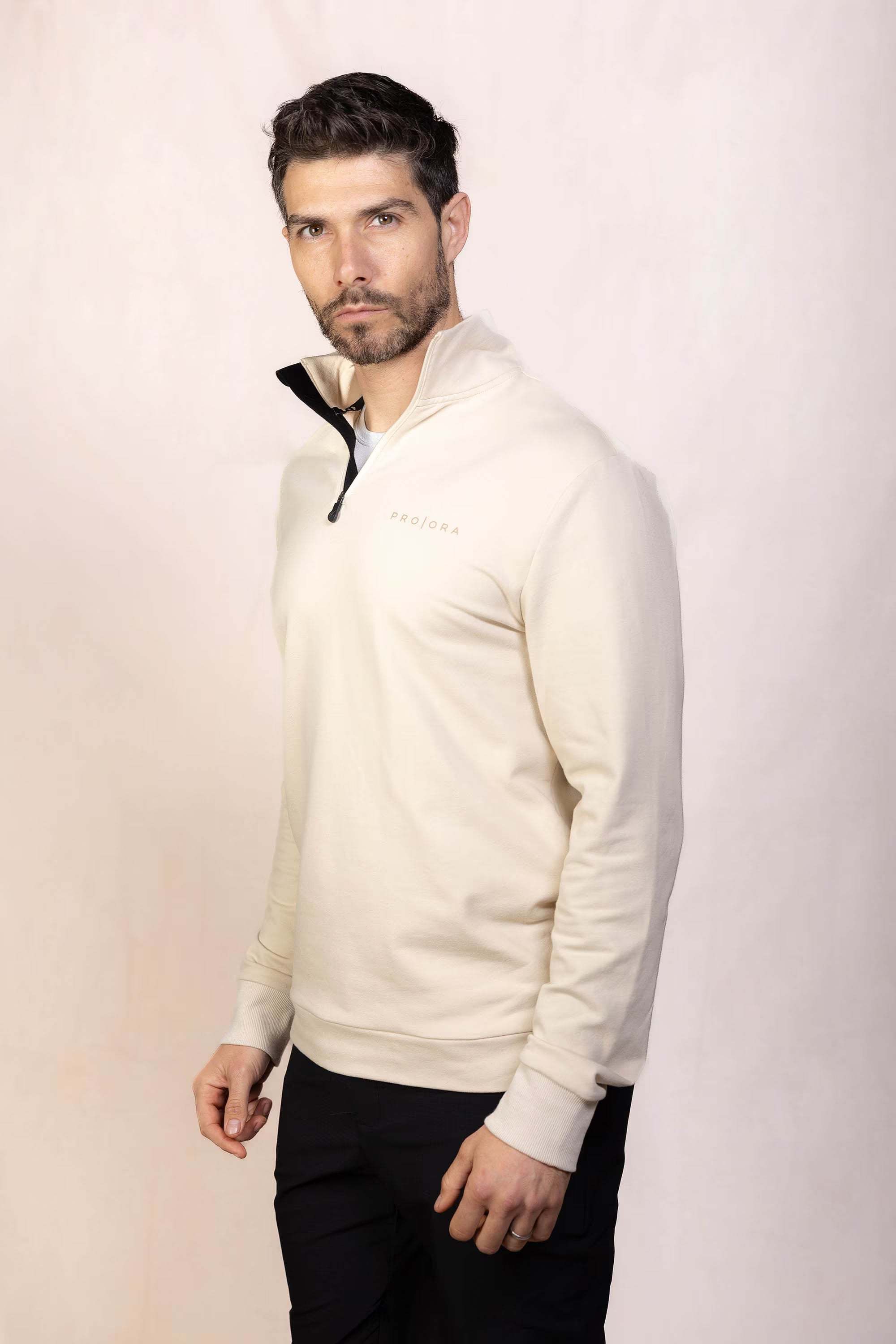 PRO | ORA men’s the aura 1/4 zip sweatshirt in Toasted Oat, studio product image, front view
