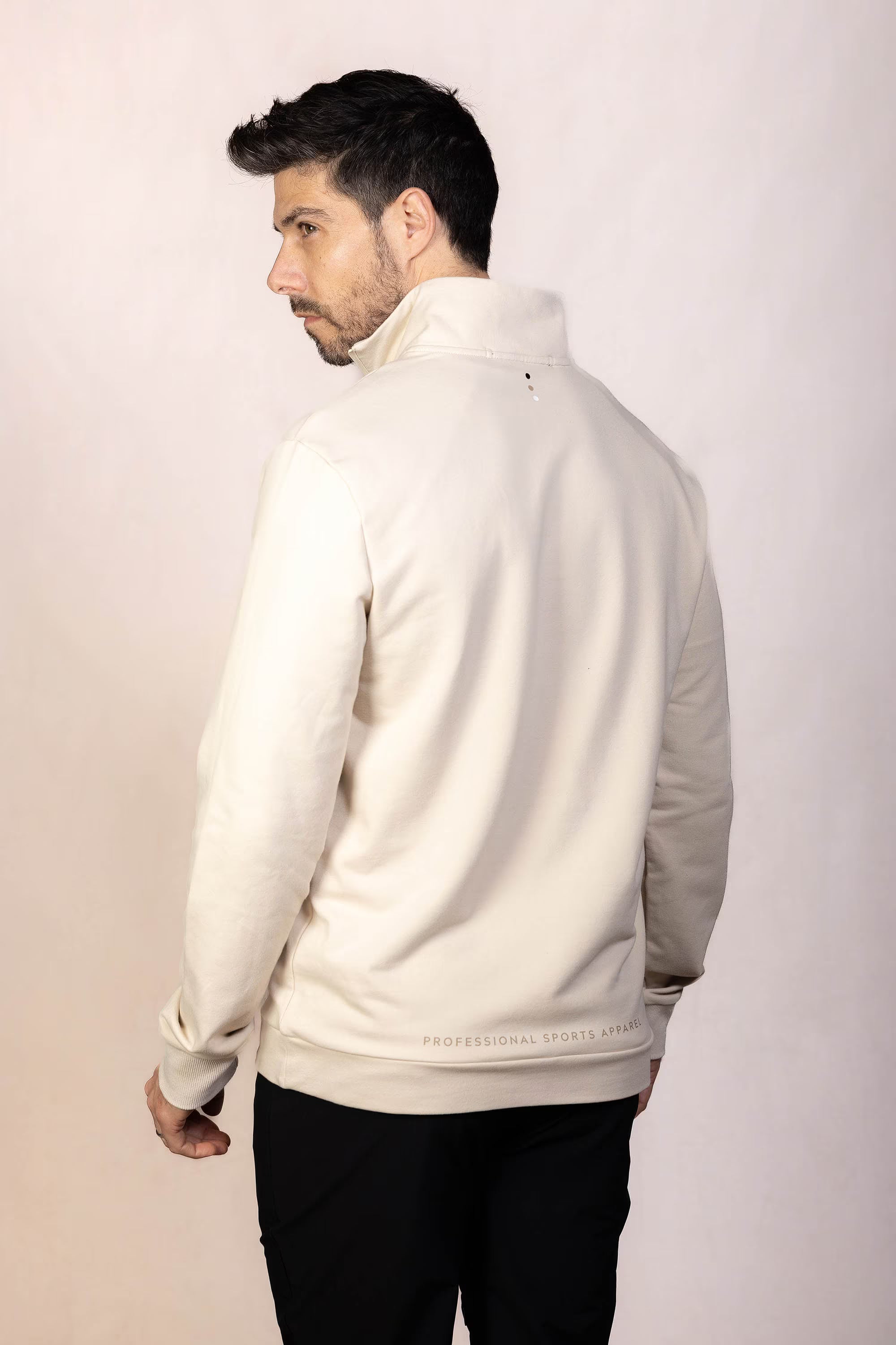 PRO | ORA men’s the aura 1/4 zip sweatshirt in Toasted Oat, studio product image, rear view