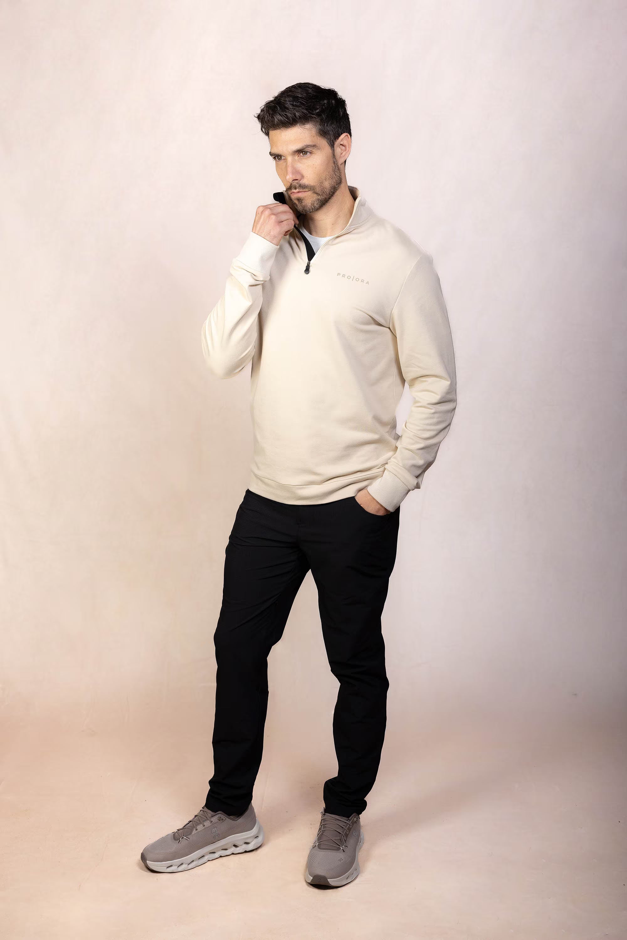 PRO | ORA men’s the aura 1/4 zip sweatshirt in Toasted Oat, product detail image