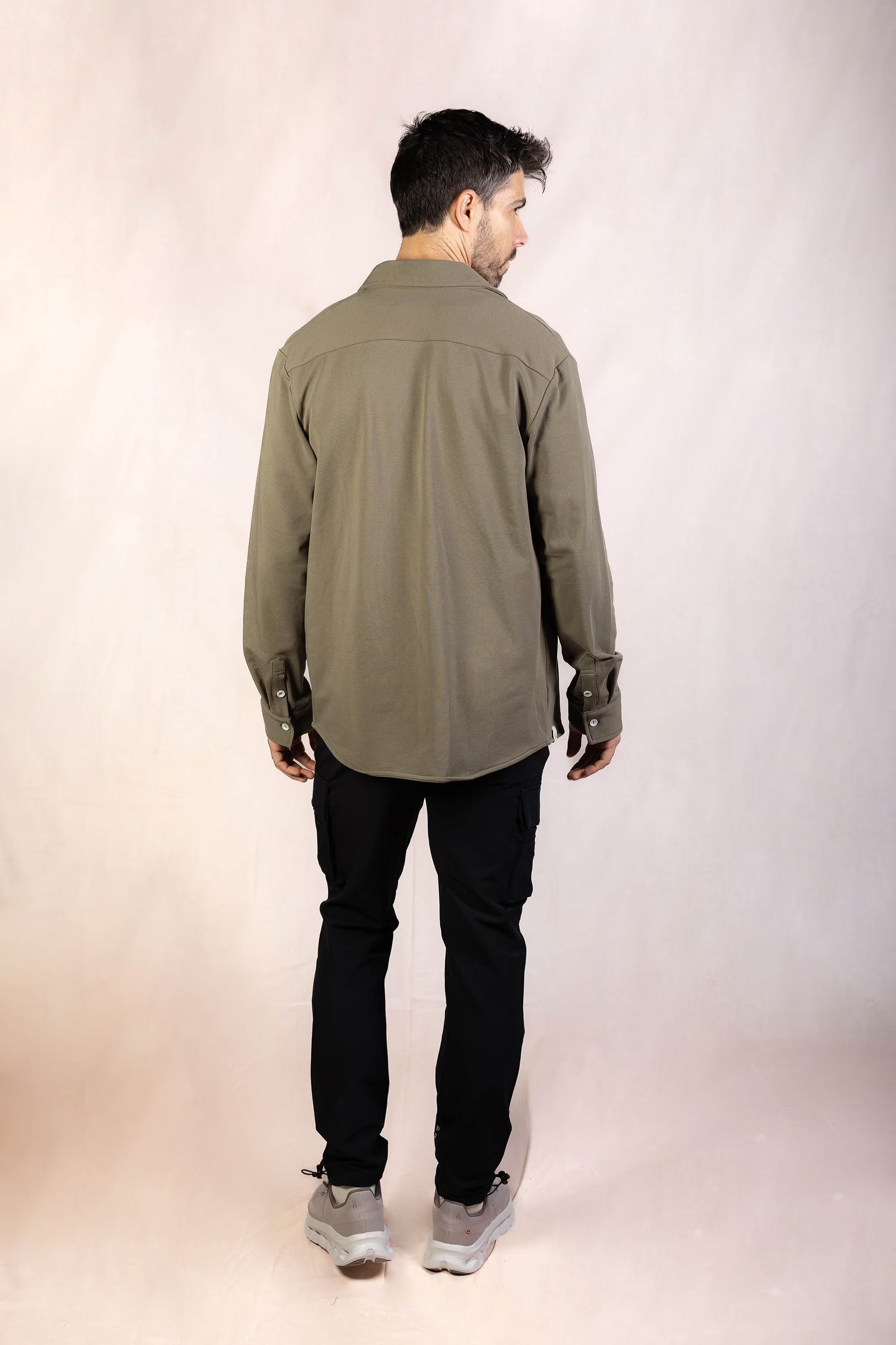 PRO | ORA men’s the sweater shirt in Smoke Olive, studio product image, rear view
