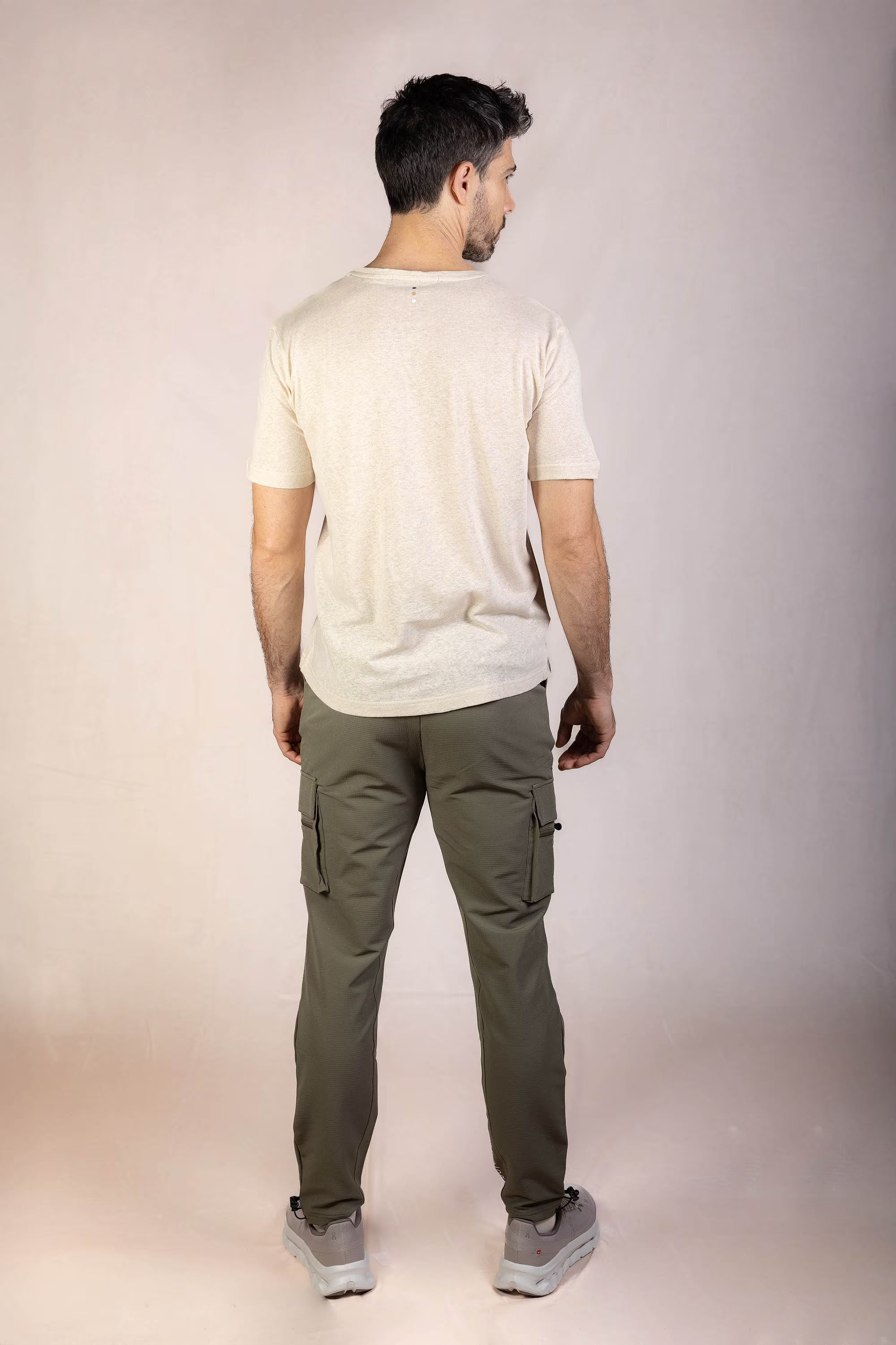 PRO | ORA men’s the linen t-shirt in Toasted Oat, studio product image, rear view