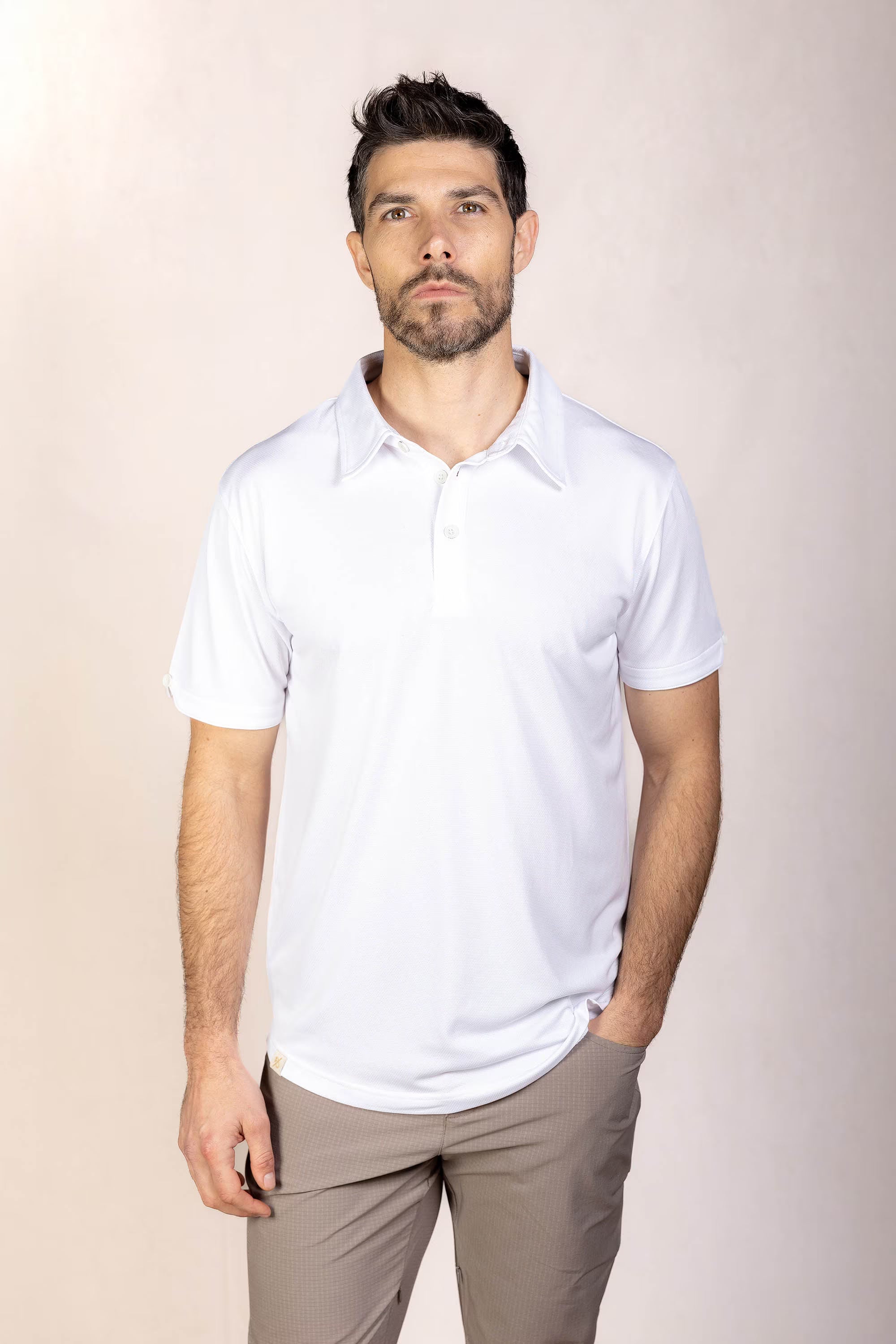 PRO | ORA men’s proformance polo shirt in White Onyx, product detail image