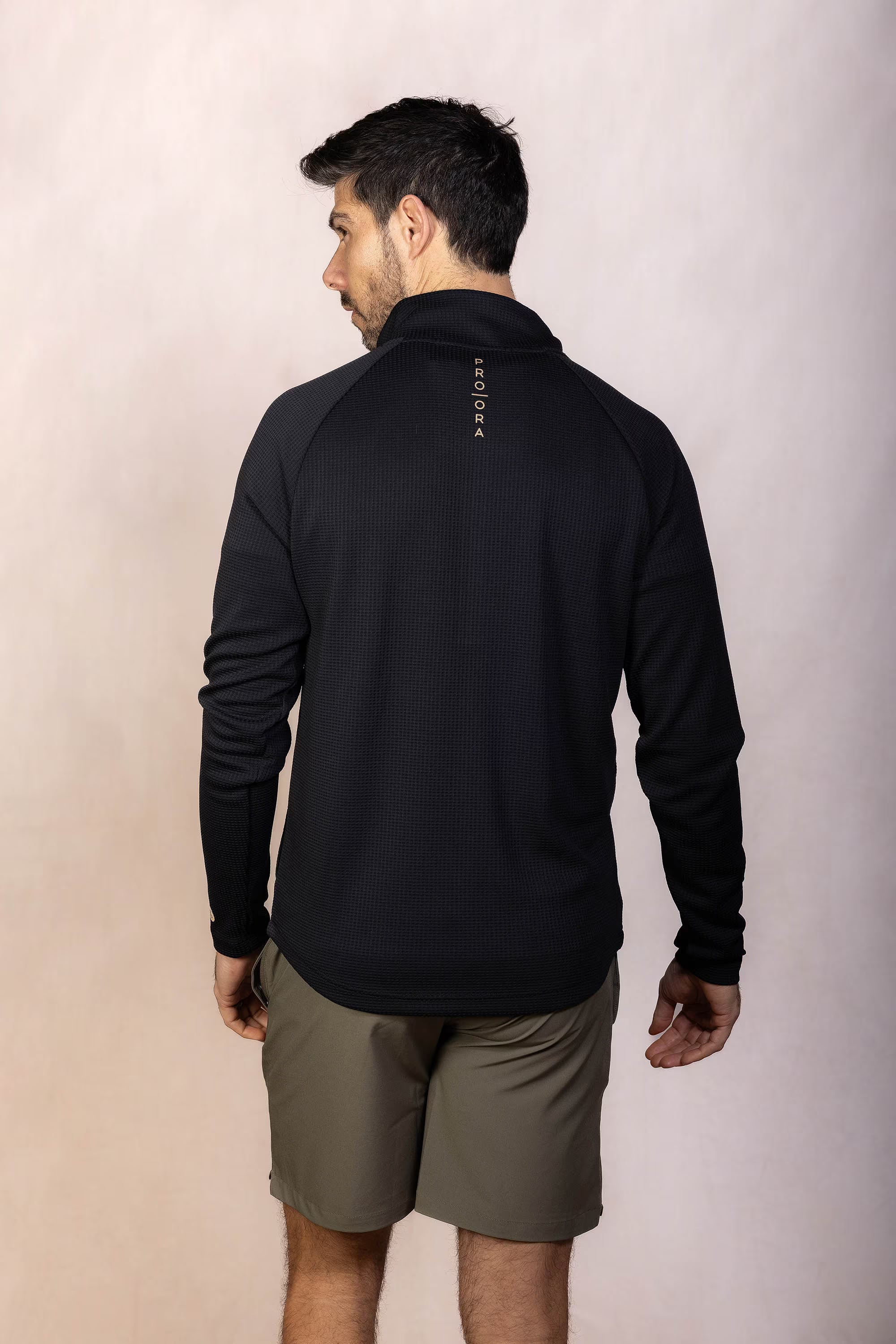 PRO | ORA men’s proformance waffle half zip in Black Beauty, studio product image, rear view