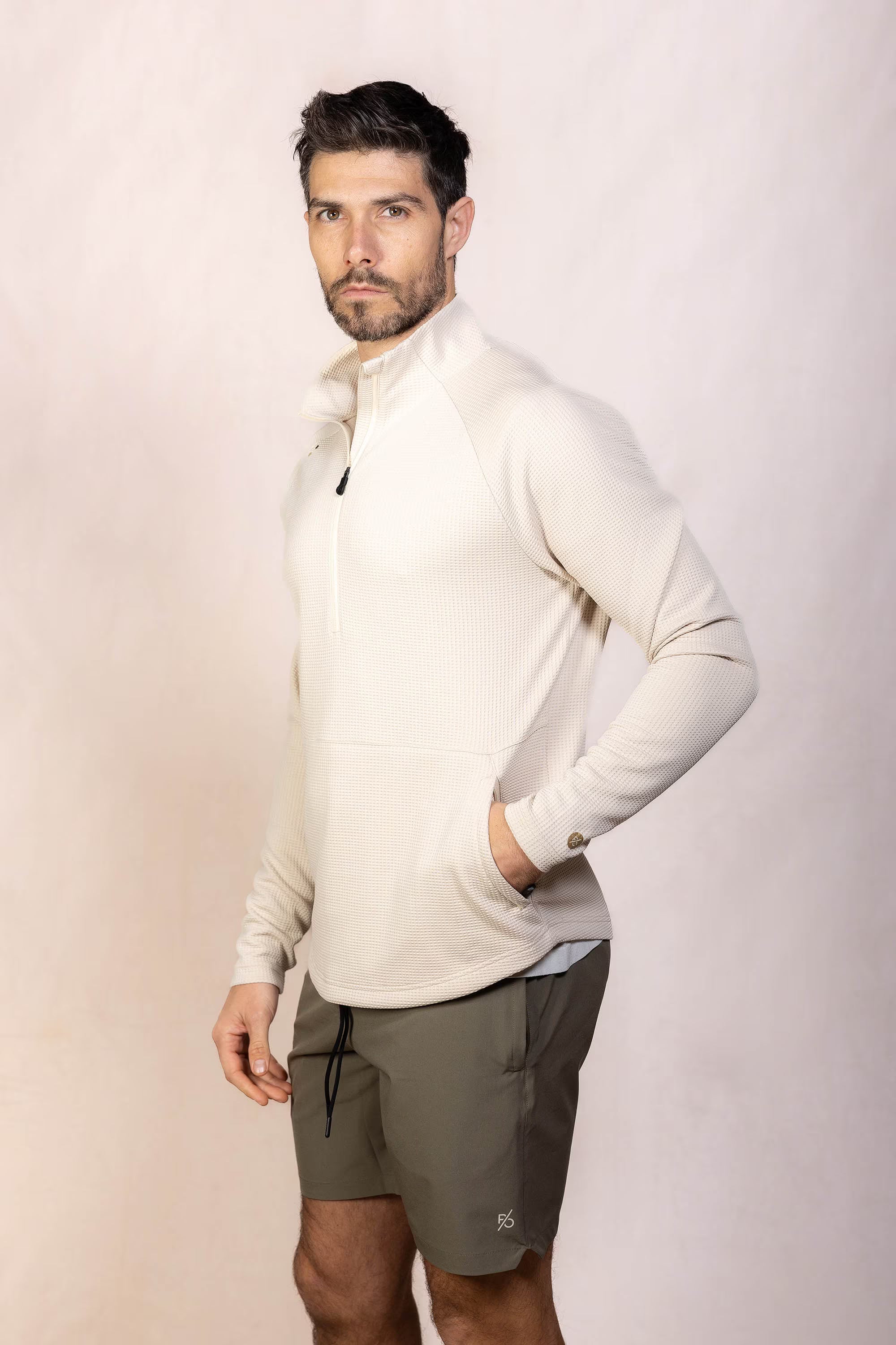 PRO | ORA men’s proformance waffle half zip in Toasted Oat, studio product image, front view