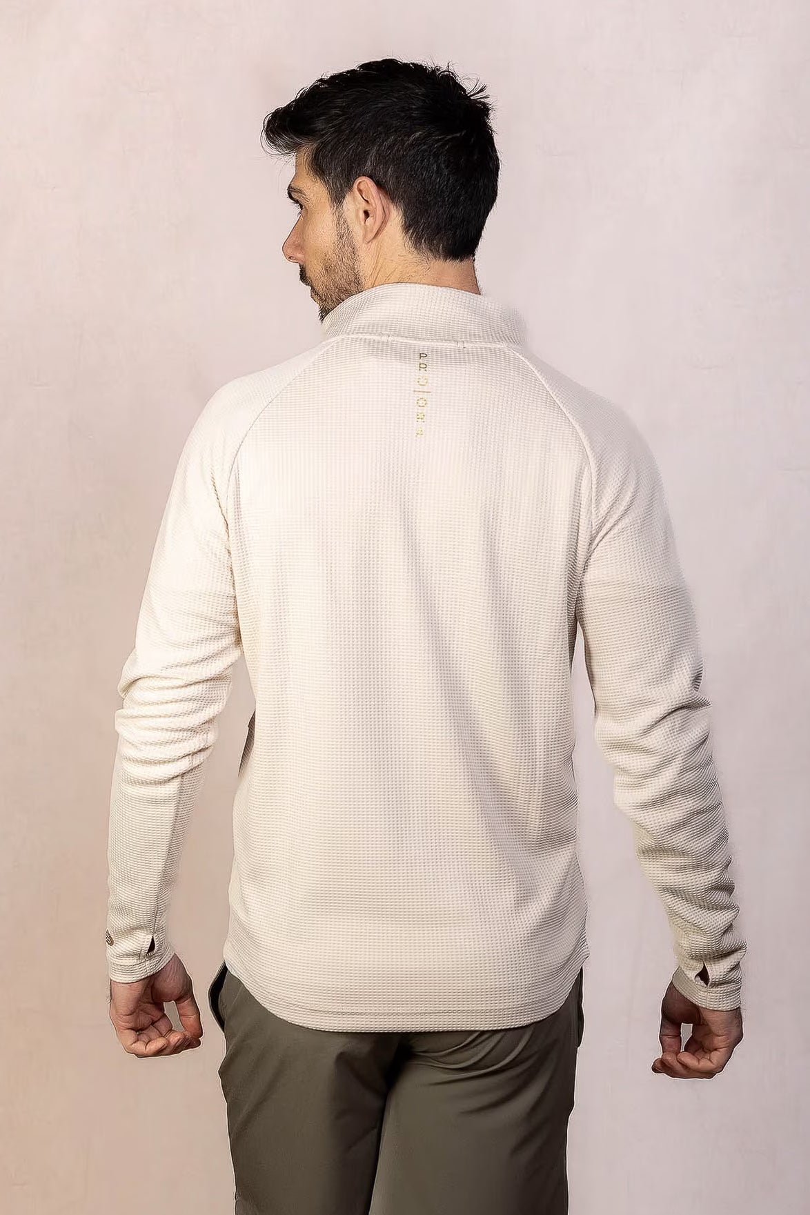 PRO | ORA men’s proformance waffle half zip in Toasted Oat, studio product image, rear view