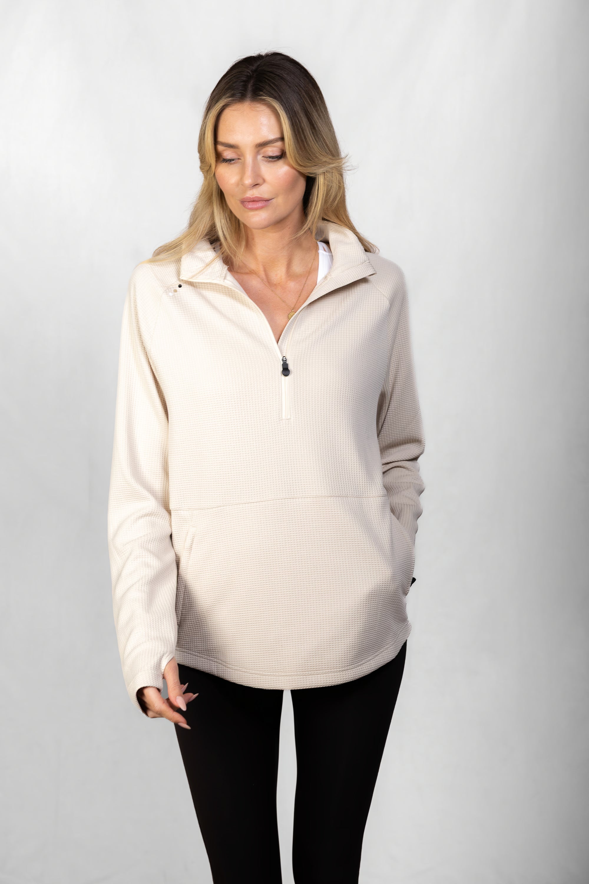 Women's Proformance Waffle Half Zip in Toasted Oat #Colour_Toasted Oat