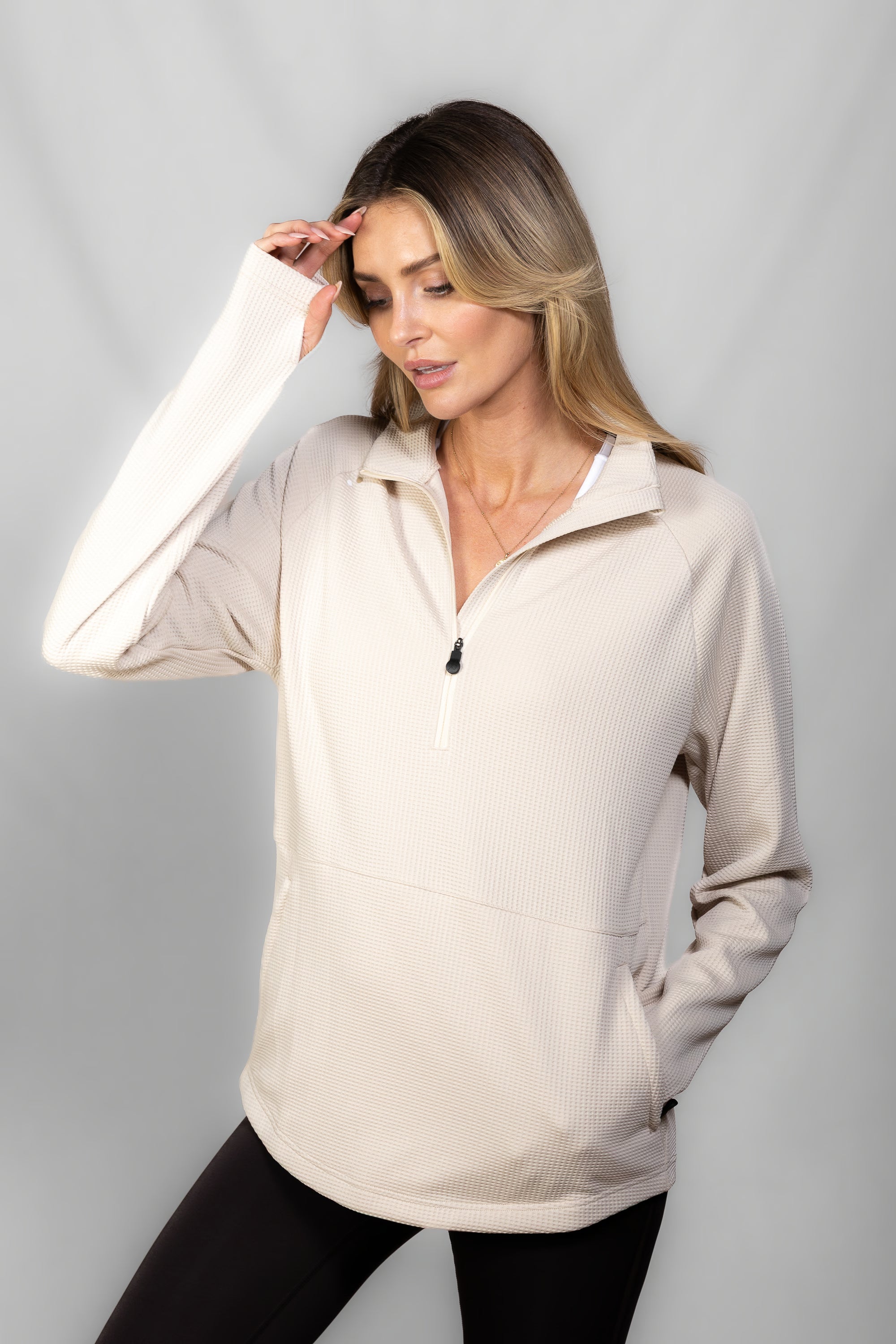 Women's Proformance Waffle Half Zip in Toasted Oat #Colour_Toasted Oat