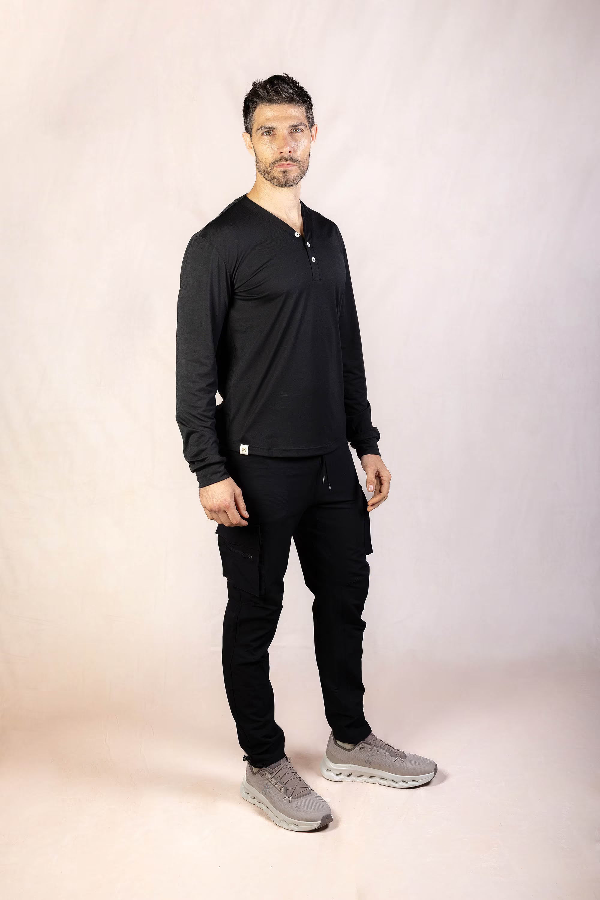 PRO | ORA men’s the aura henley in Black Beauty, studio product image, front view