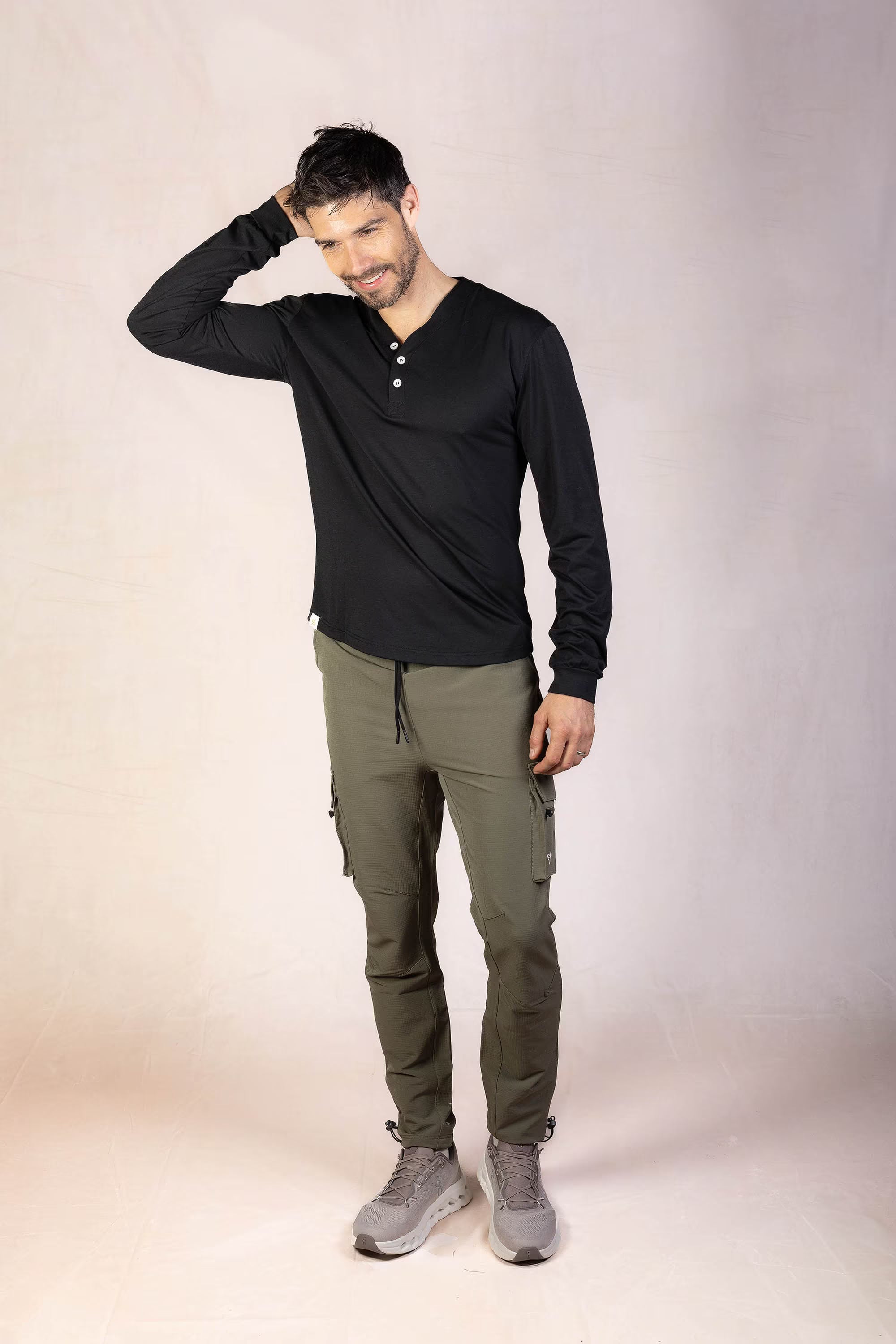 PRO | ORA men’s the aura henley in Black Beauty, product detail image