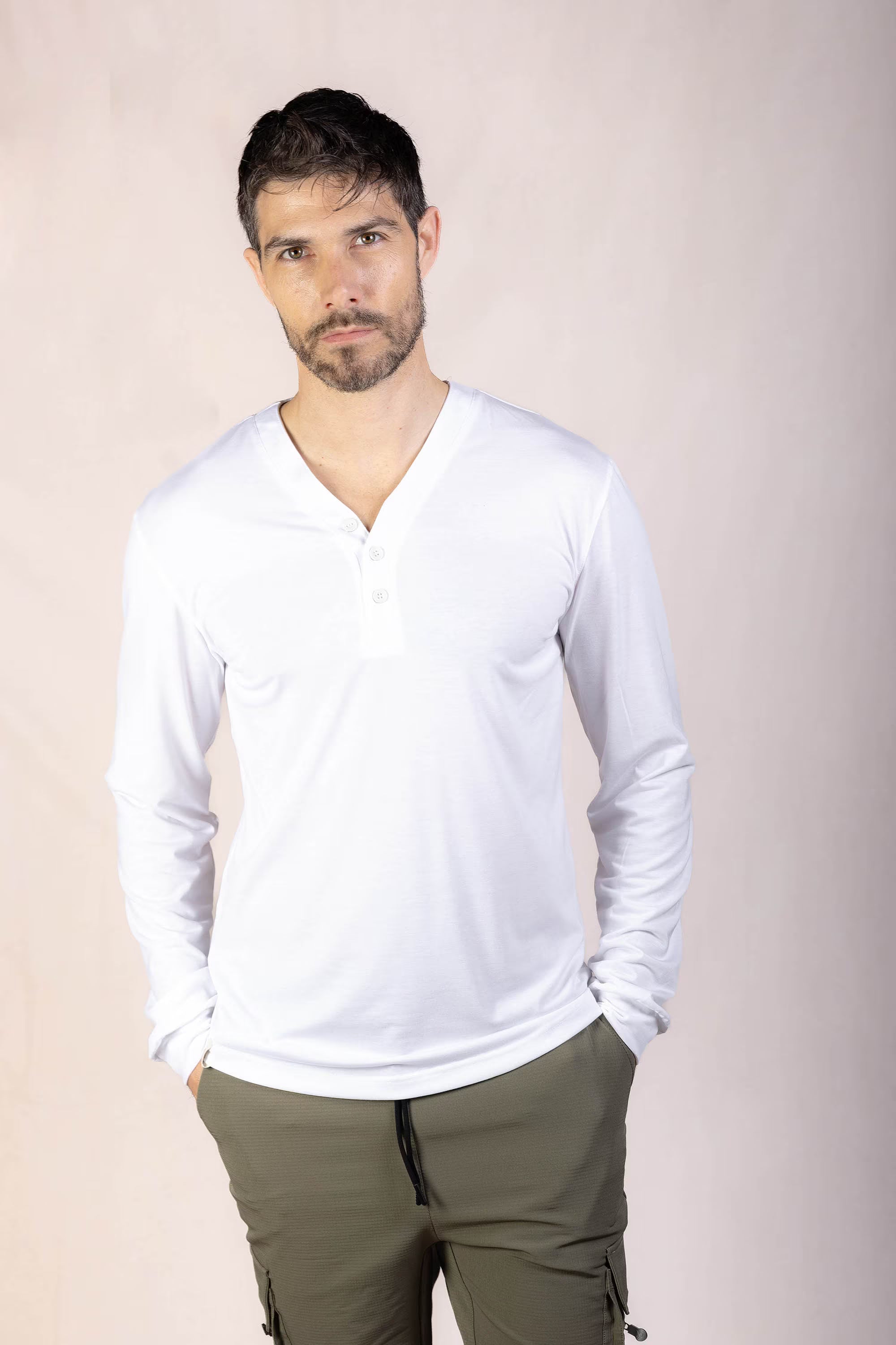 PRO | ORA men’s the aura henley in White Onyx, studio product image, front view