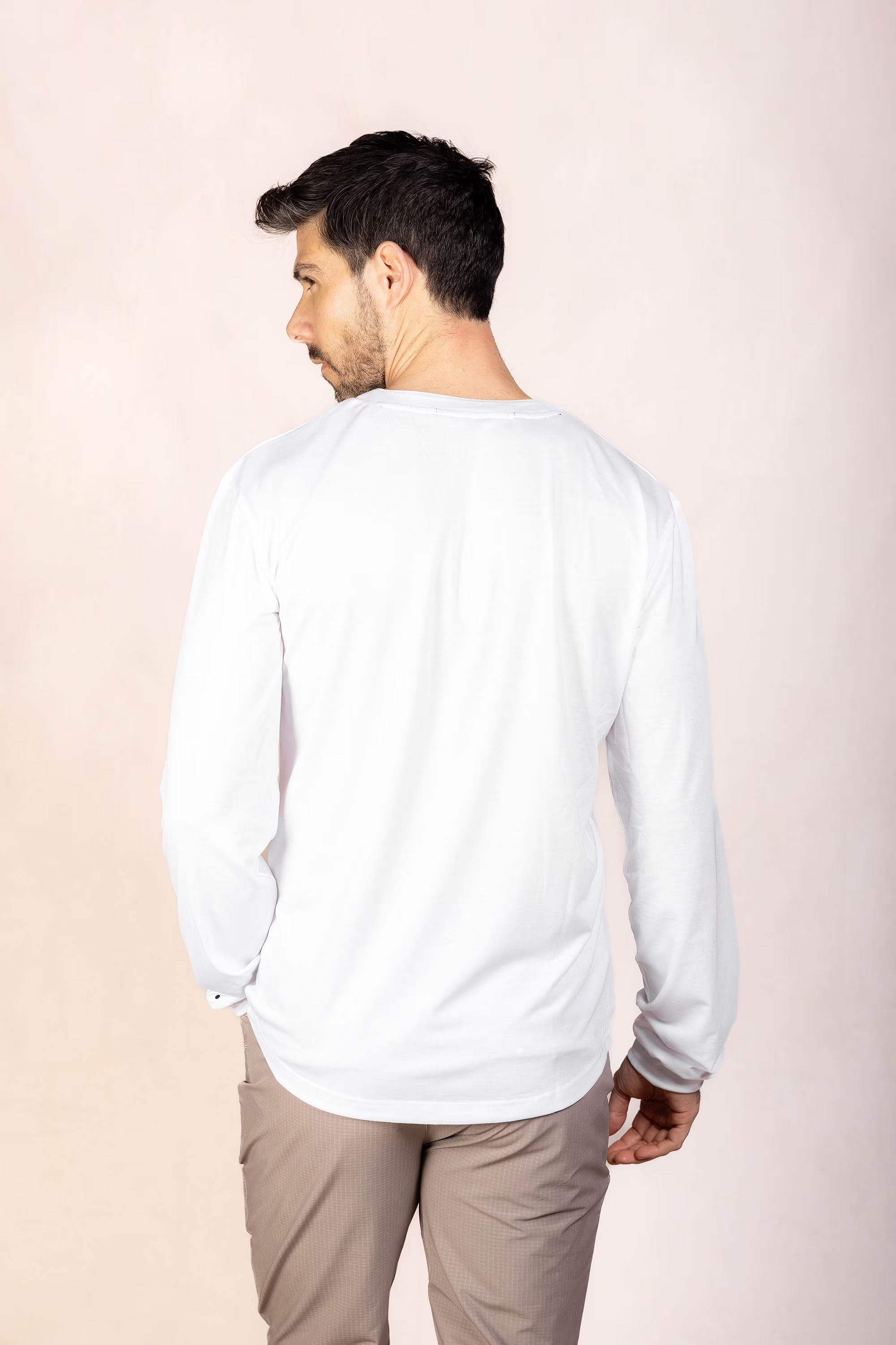 PRO | ORA men’s the aura henley in White Onyx, studio product image, rear view
