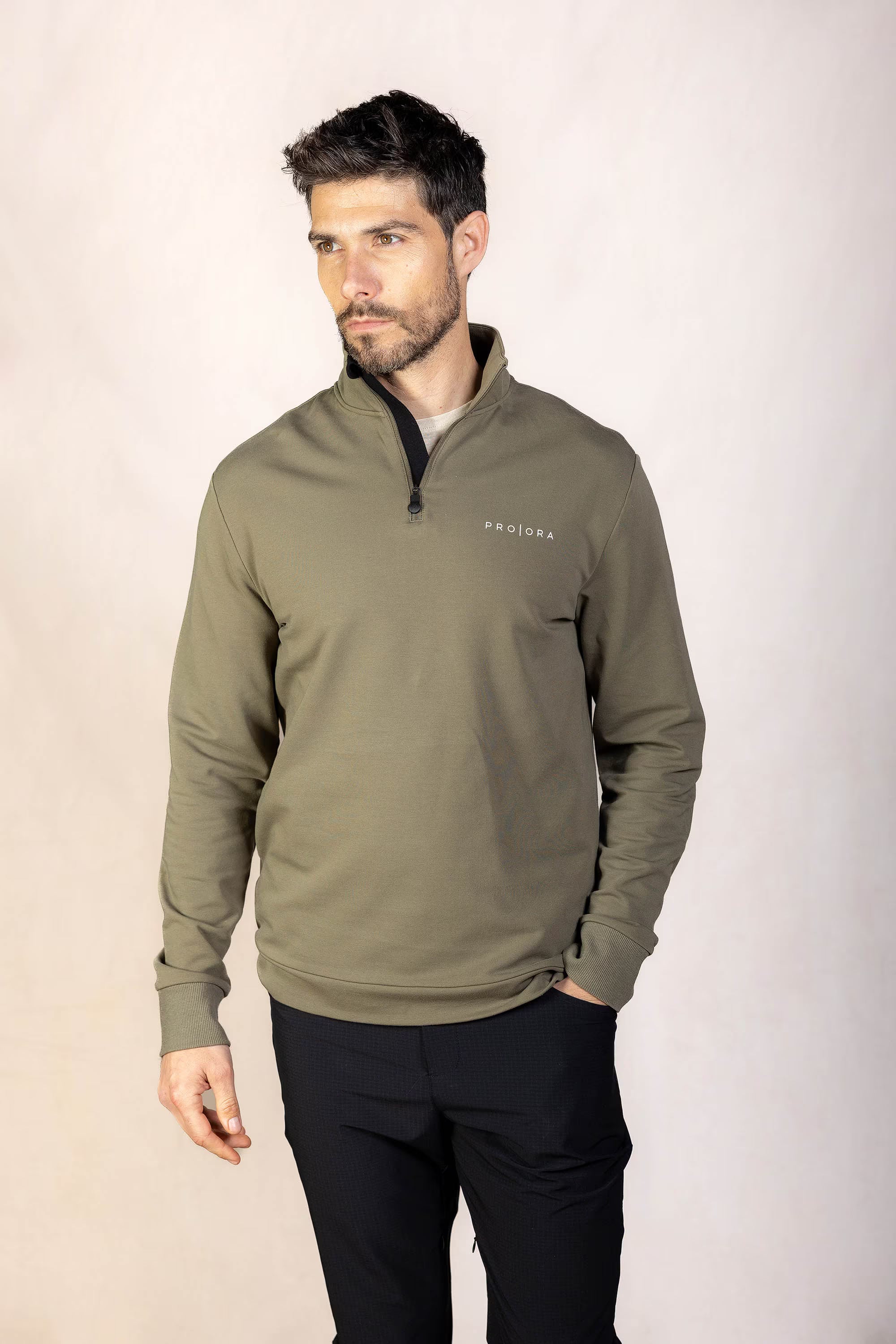PRO | ORA men’s the aura 1/4 zip sweatshirt in Olive Smoke, studio product image, front view