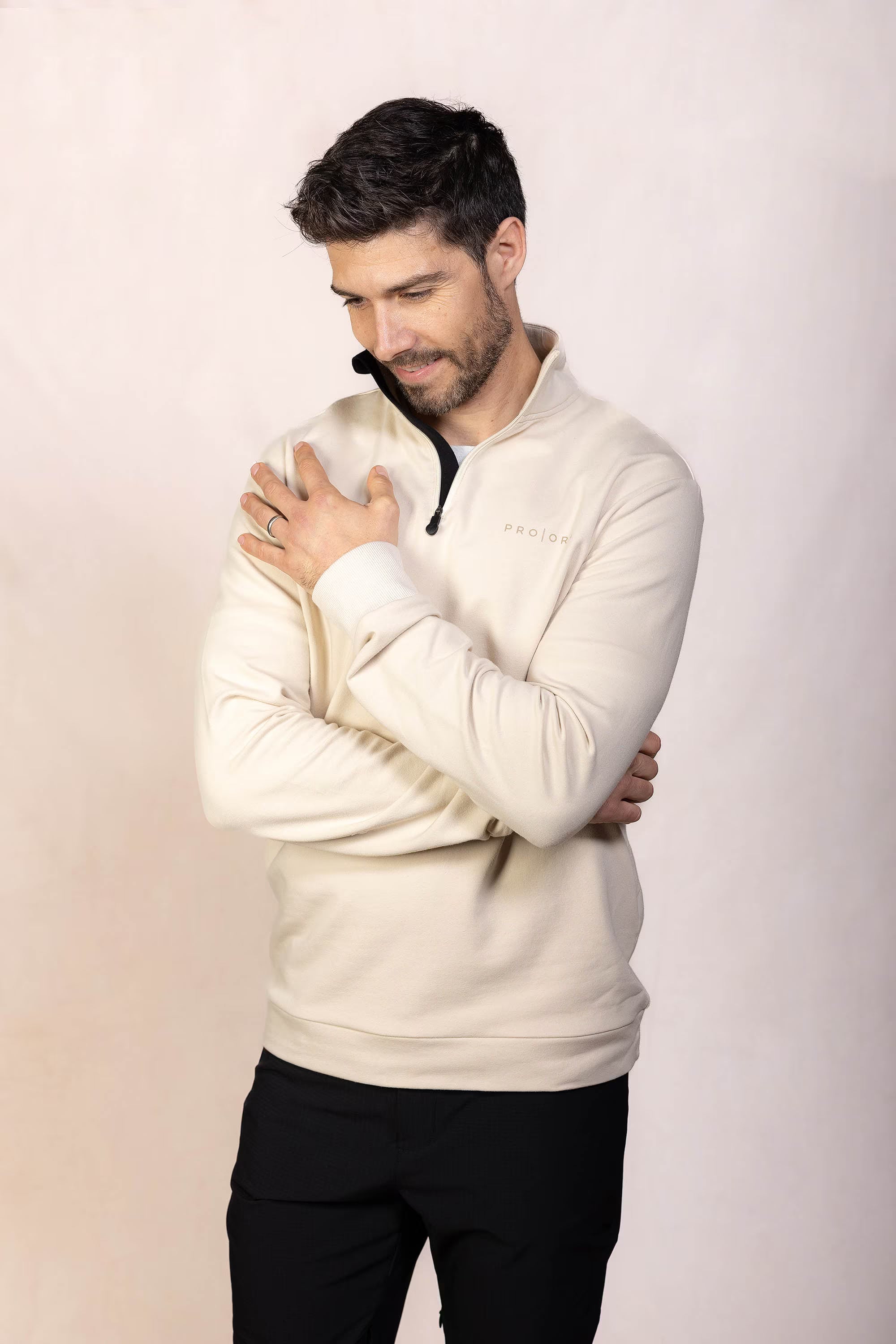 PRO | ORA men’s the aura 1/4 zip sweatshirt in Toasted Oat, front view image