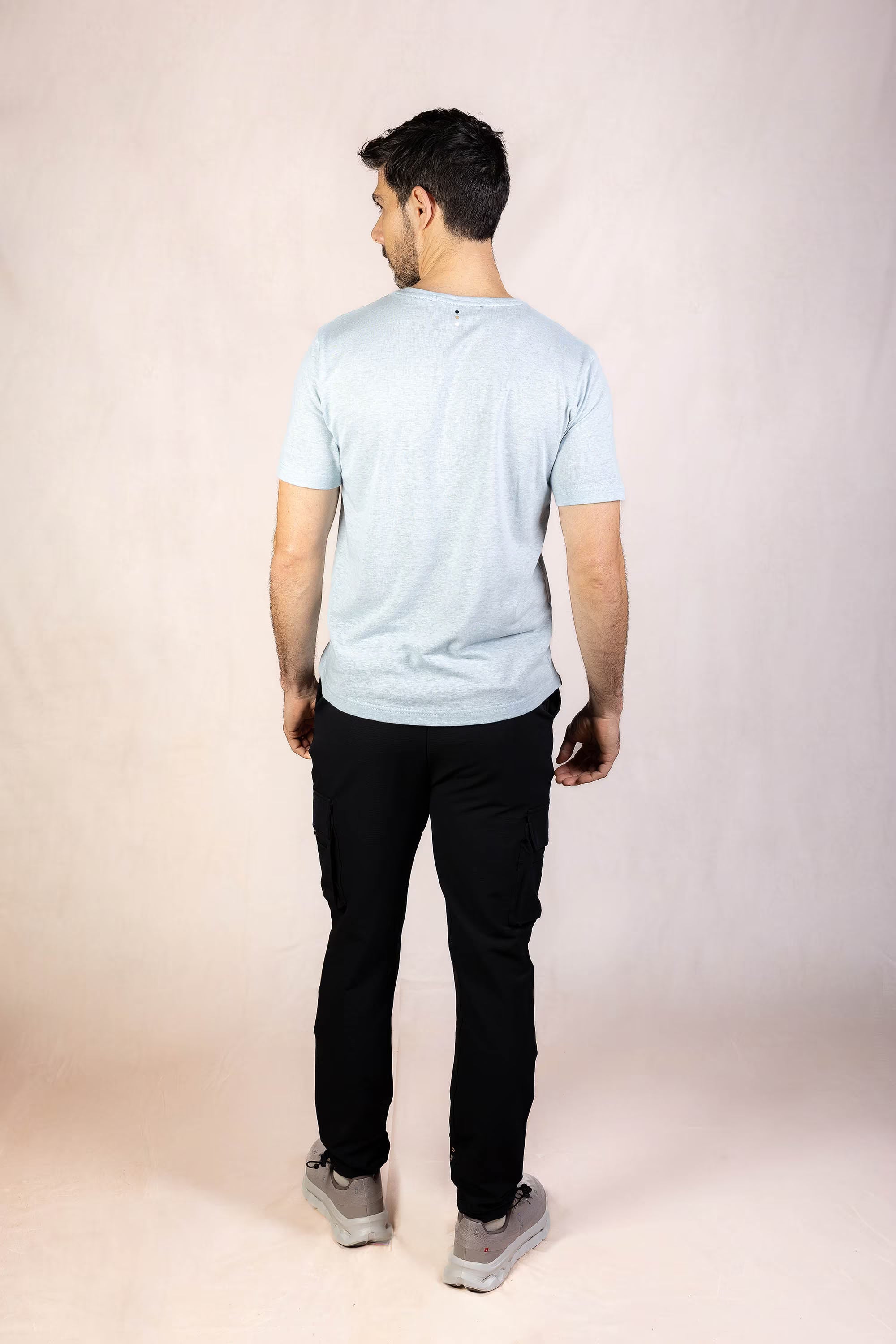 PRO | ORA men’s the linen t-shirt in Blue Porcelain, studio product image, rear view