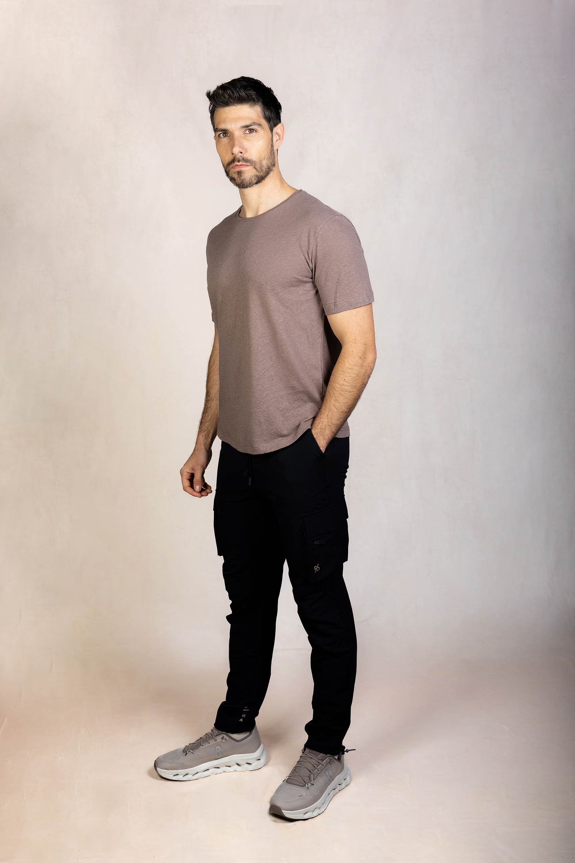 PRO | ORA men’s the linen t-shirt in Light Espresso, product detail image