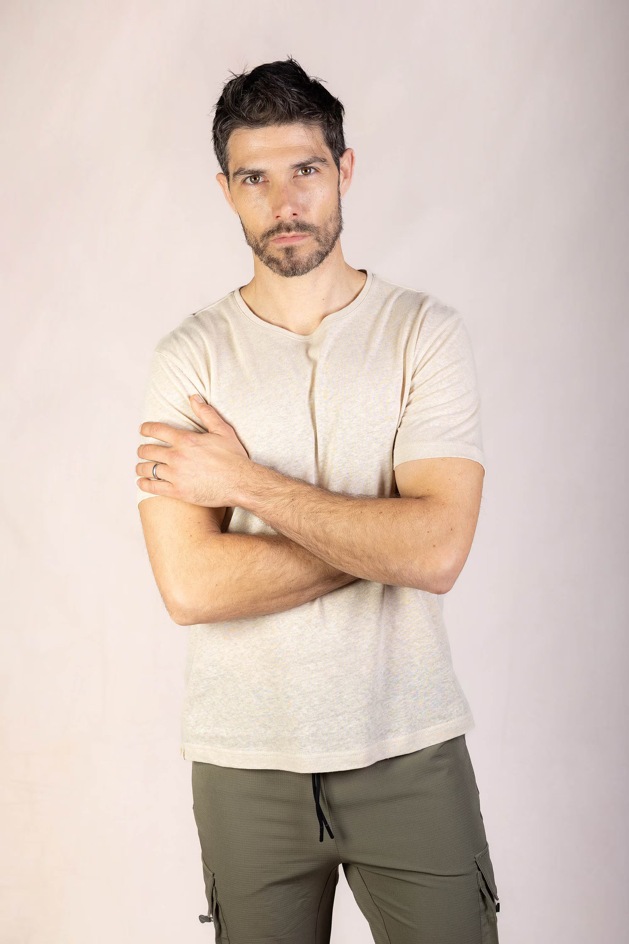 PRO | ORA men’s the linen t-shirt in Toasted Oat, studio product image, front view