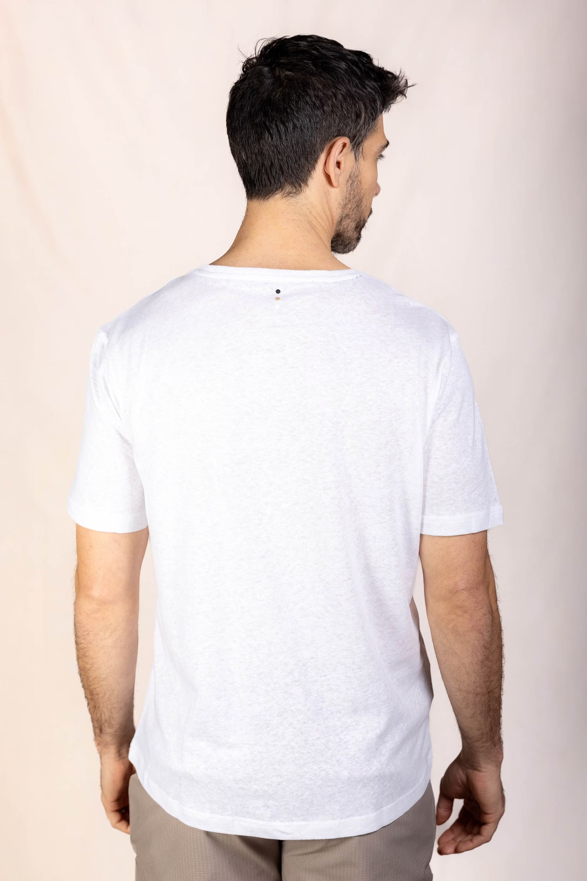 PRO | ORA men’s the linen t-shirt in White Onyx, studio product image, rear view