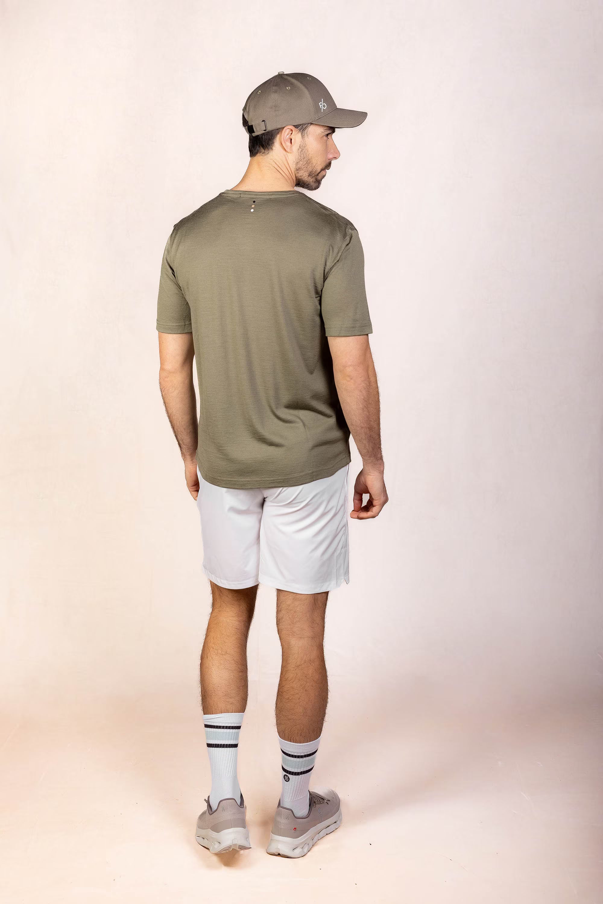 PRO | ORA men’s the merino t in Olive Smoke, studio product image, rear view