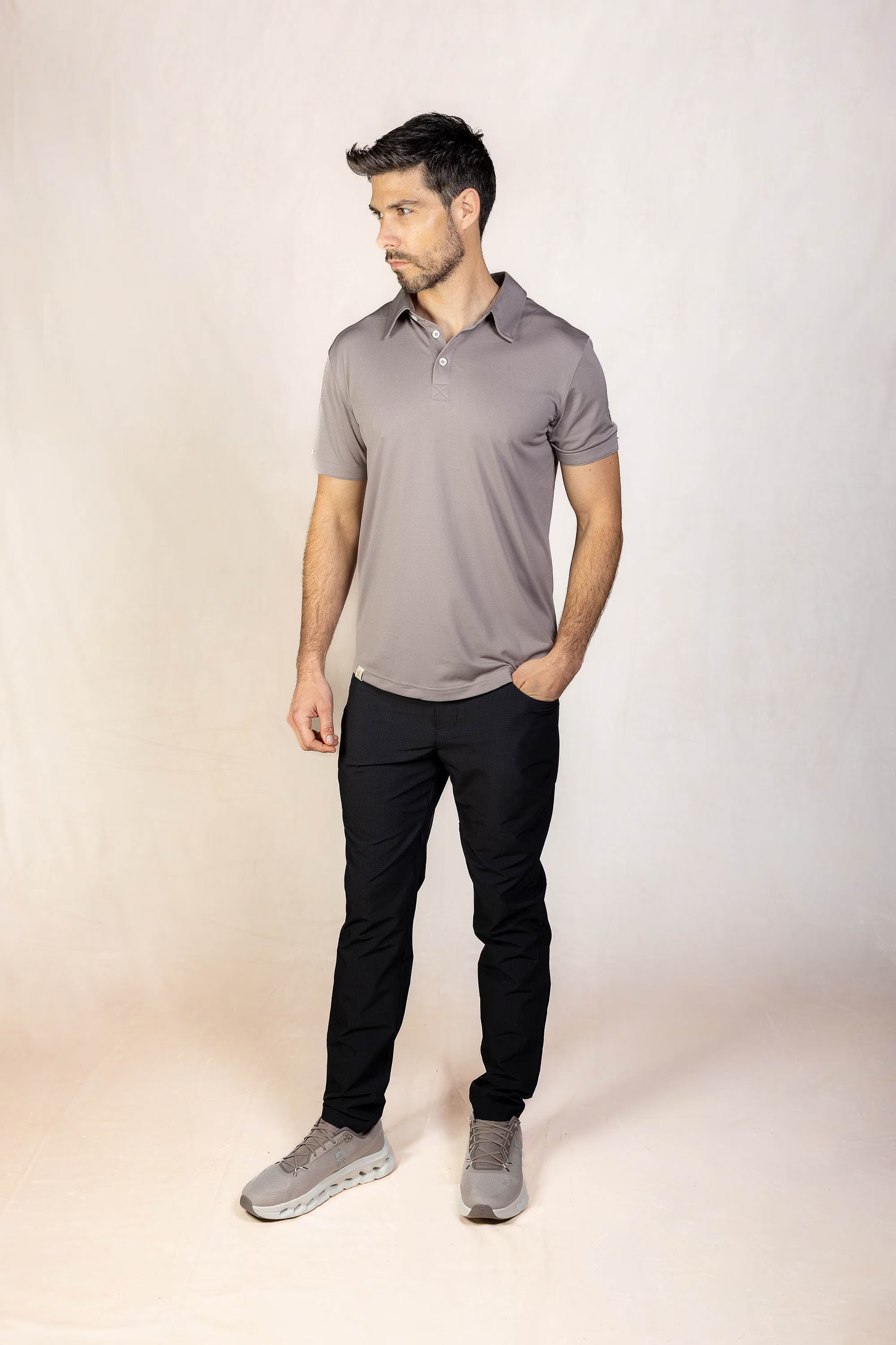 PRO | ORA men’s proformance polo shirt in Muted Clay, product detail image