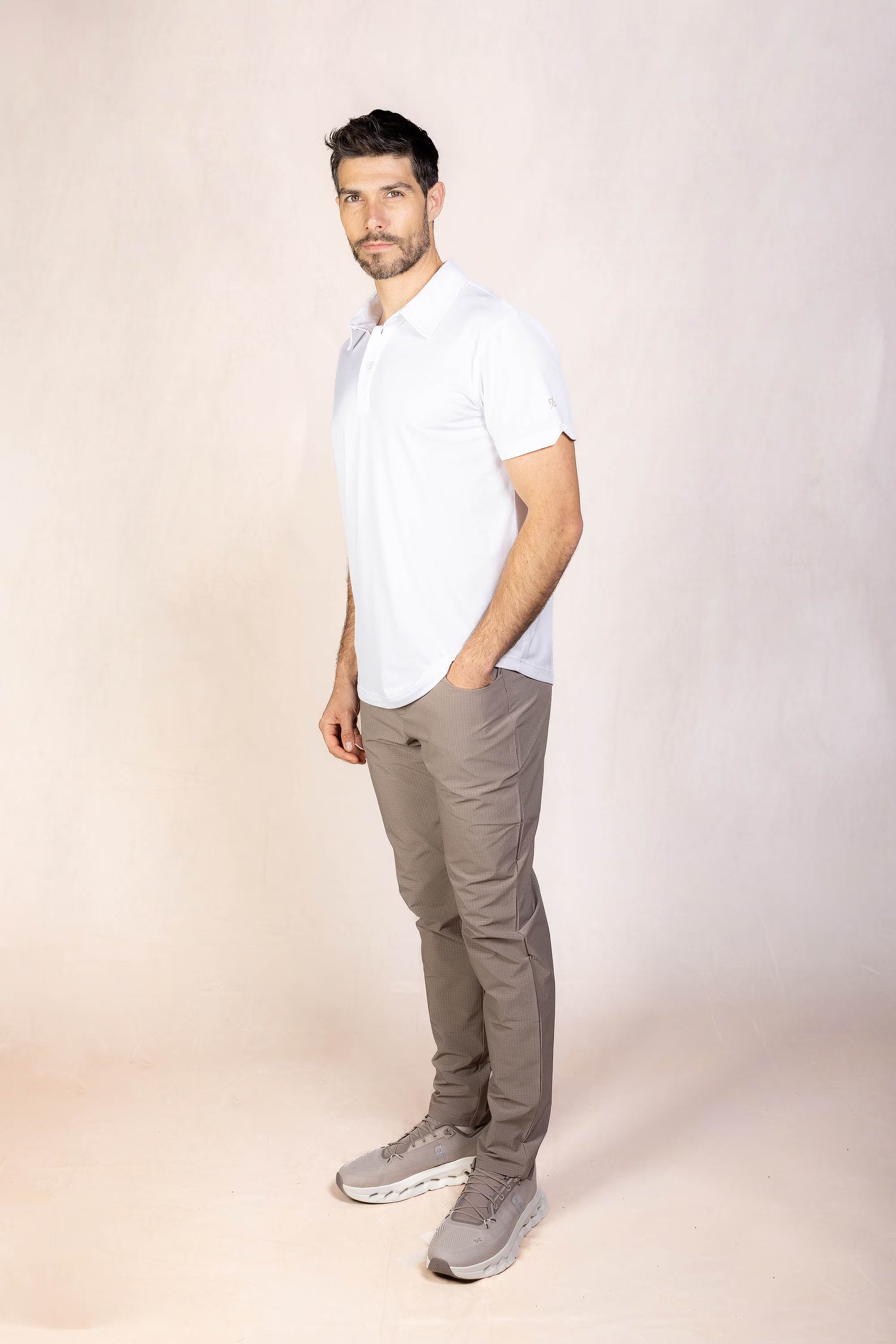 PRO | ORA men’s proformance polo shirt in White Onyx, product detail image