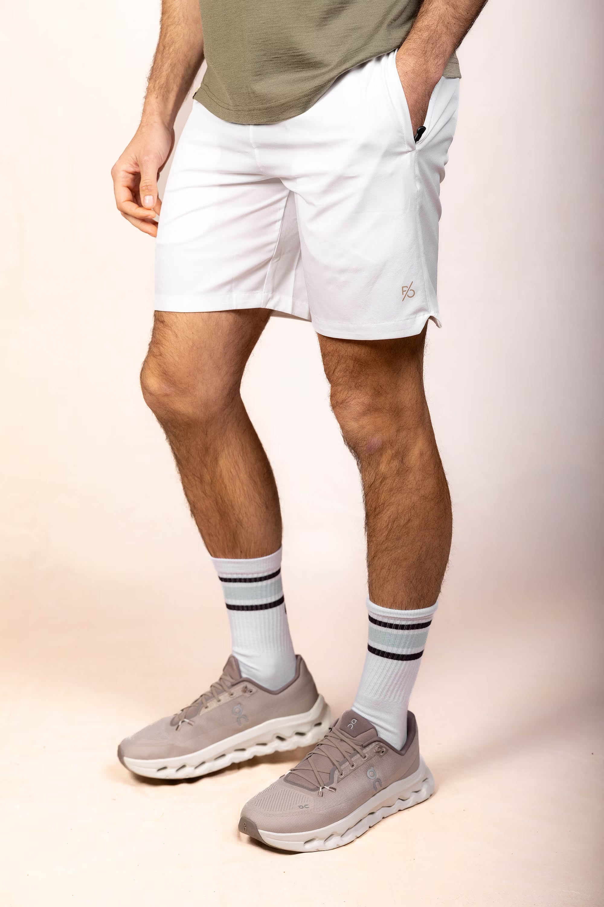 PRO | ORA men’s proformance short in White Onyx, studio product image, front view