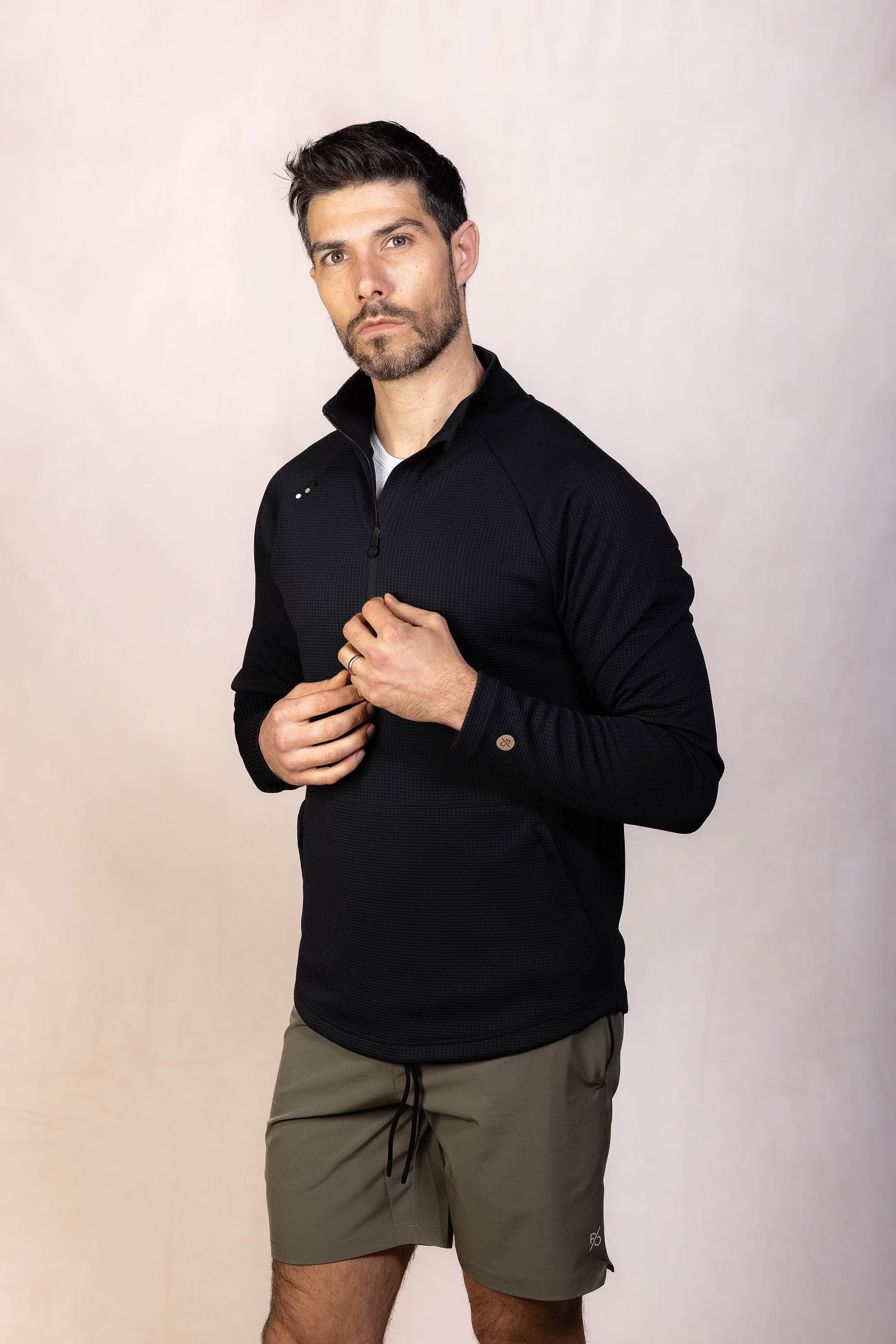 PRO | ORA men’s proformance waffle half zip in Black Beauty, studio product image, front view