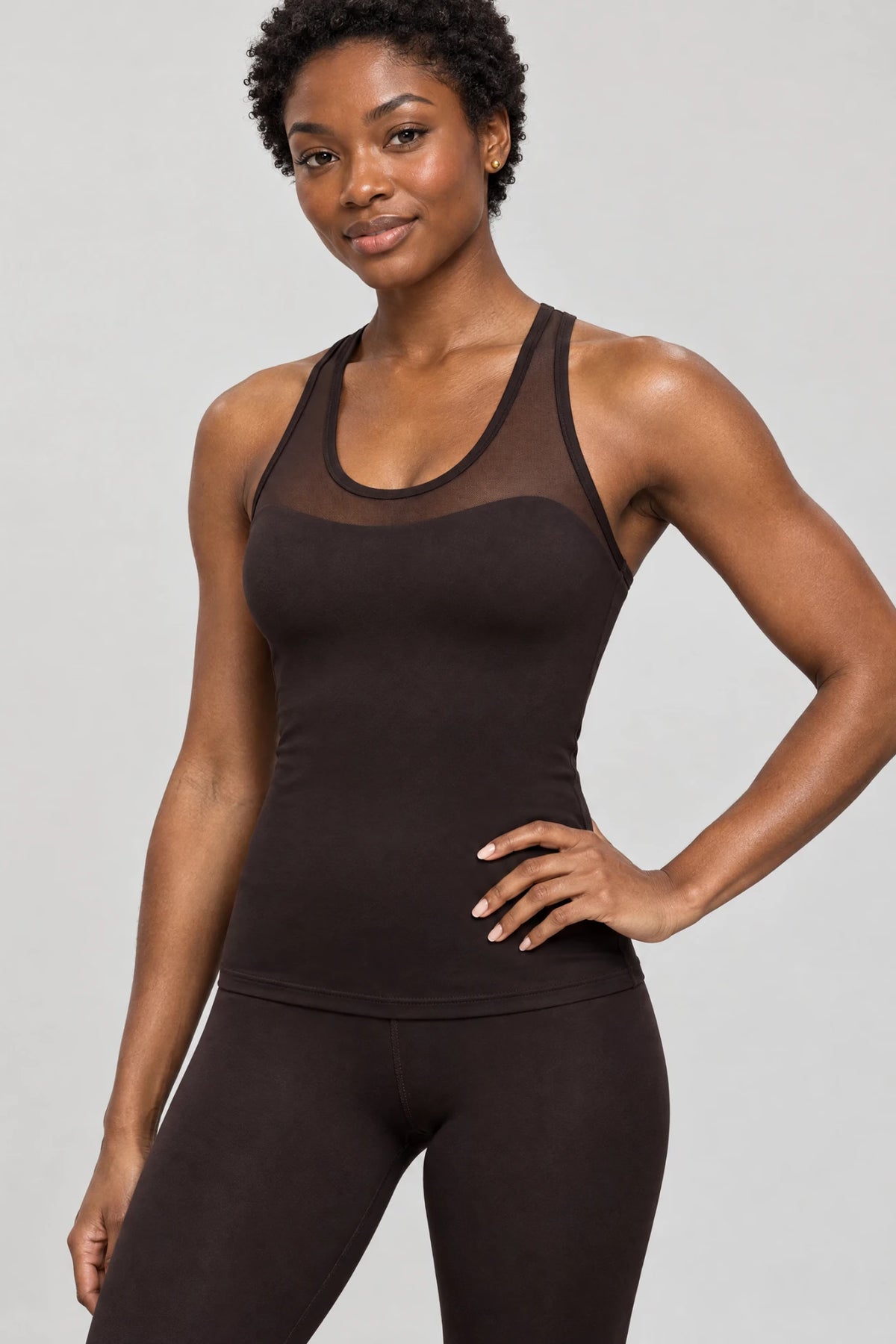 Proformance Mesh Vest Top in Dark Espresso, front view showing the scoop neck mesh panel and fitted shape #Color_Dark Espresso