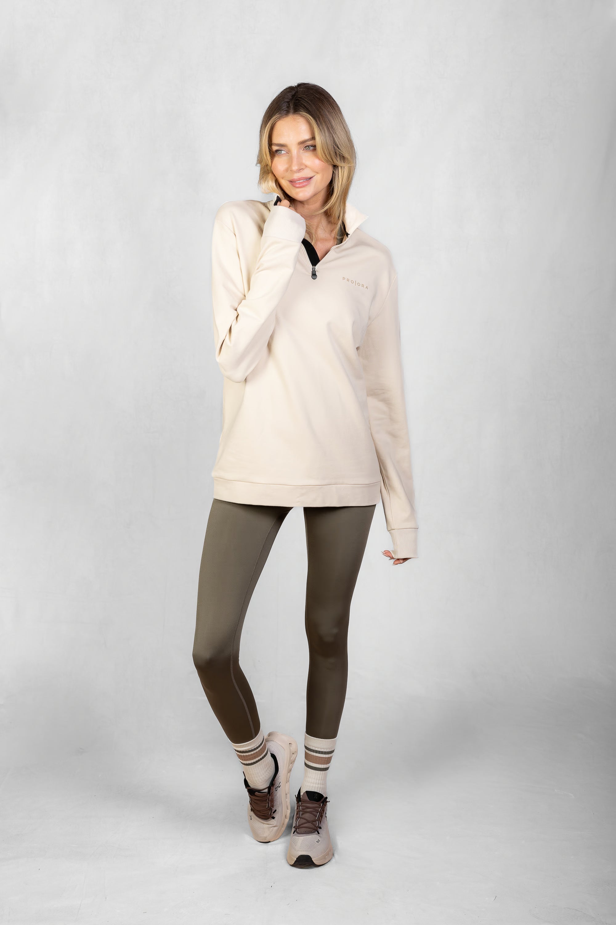 Women's Aura 1/4 Zip Sweatshirt in Toasted Oat #Colour_Toasted Oat