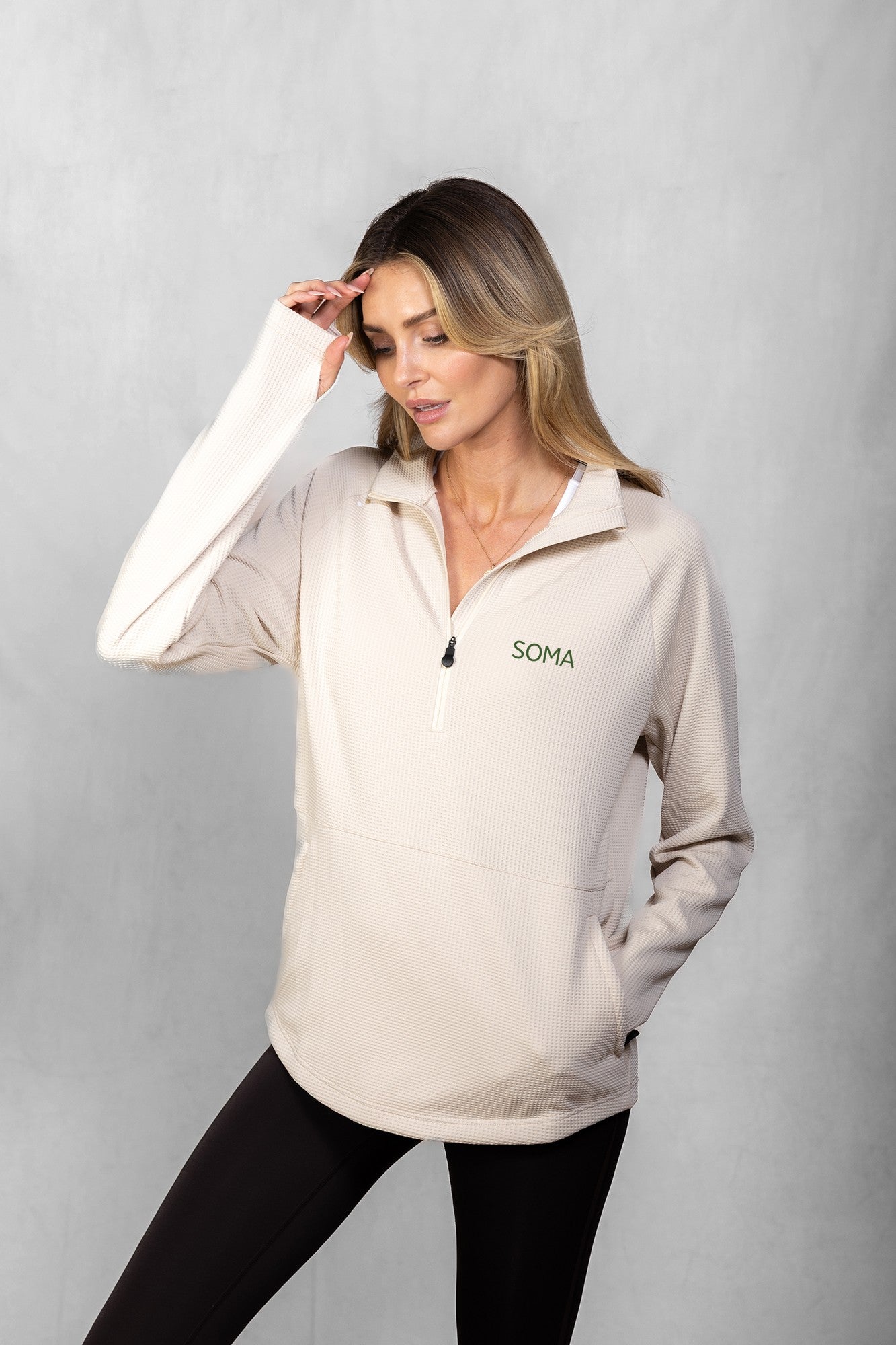 SOMA CLUB X PRO | ORA Women's Proformance Waffle Half Zip in Toasted Oat #Colour_Toasted Oat