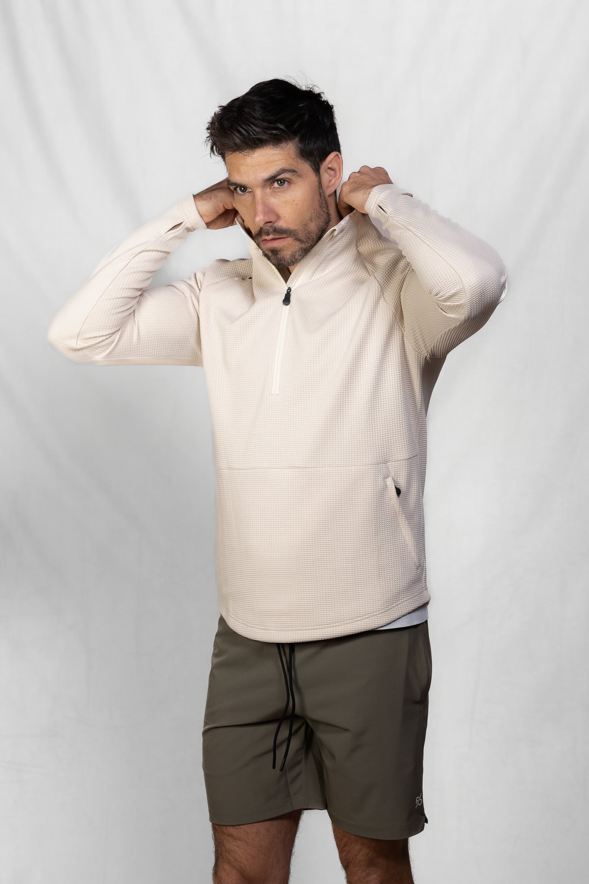 Men's Proformance Waffle Half Zip in Toasted Oat #Colour_Toasted Oat