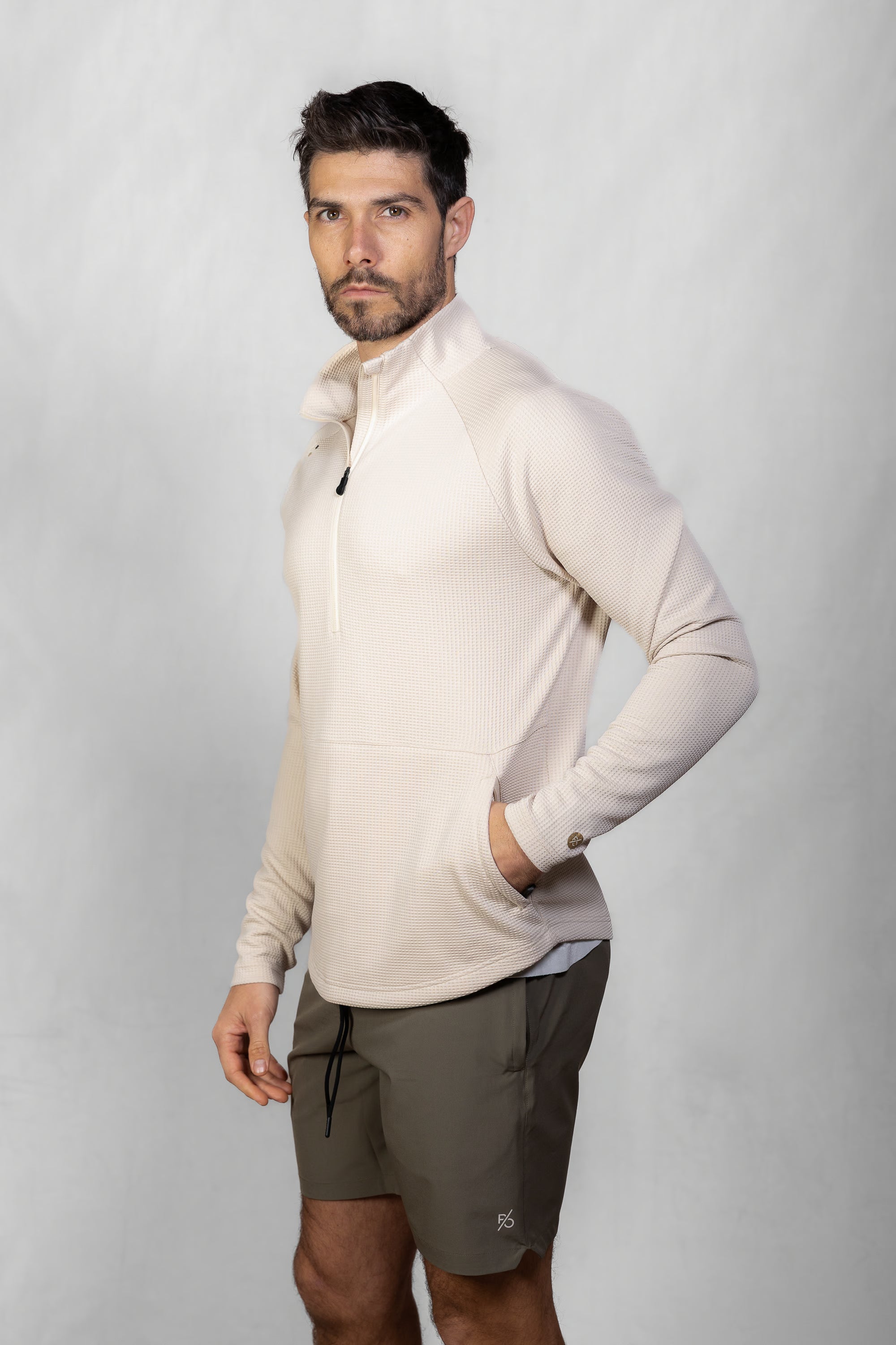 Men's Proformance Waffle Half Zip in Toasted Oat #Colour_Toasted Oat